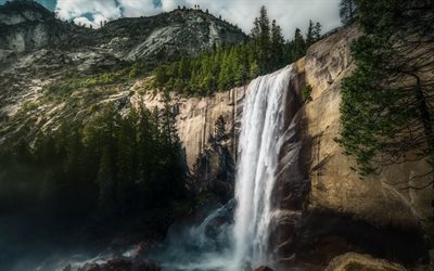 vernal falls, cascada, monta&#241;as, estados unidos, las rocas, bosque, yosemite