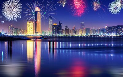 bay, dubai, emirati arabi uniti, città di notte, fuochi d'artificio