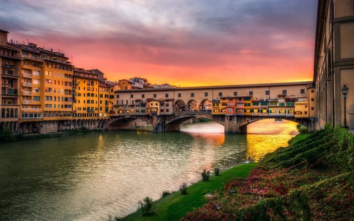 الجسر القديم, إيطاليا, مساء المدينة, غروب الشمس, فلورنسا