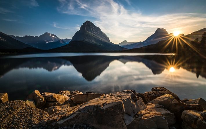 monta&#241;as, sunset, lago, la noche, cielo