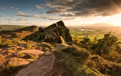 valley, sunset, beautiful landscape, evening, rocks