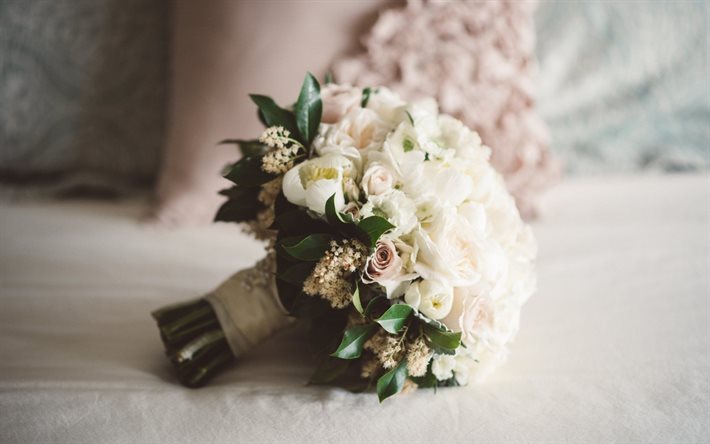 美しい花束, 結婚式の花束, 花嫁のブーケ, 白バラの花, バラ