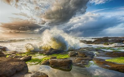 mar, costa, salpicos de &#225;gua, onda, pedras