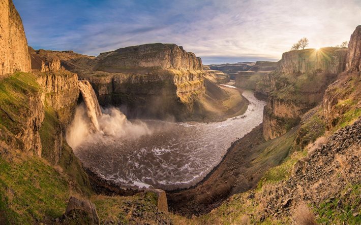 waterfall, rocks, mountain waterfall, sunset, evening, river