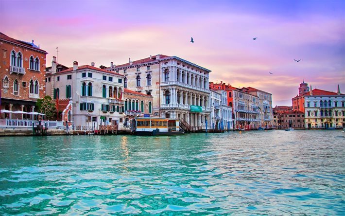 barcos, veneza, it&#225;lia, noite, grand canal, canal grande