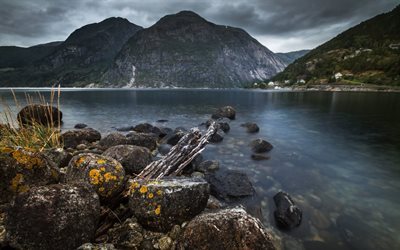 fiordo, la naturaleza, hordaland, lago, eidfjord, noruega, monta&#241;as