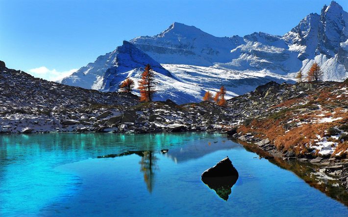 sn&#246;, bl&#229; himmel, vinter, piemonte, mountain lake, italien