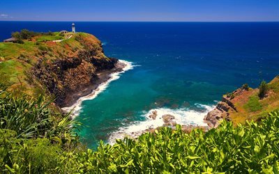 pacific ocean, lighthouse, coast, rocks, wave, hawaii