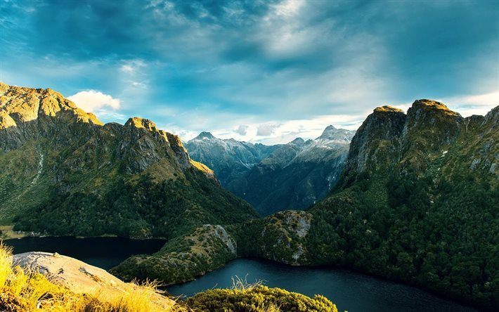 fjords, lake, sky, new zealand, mountains, rocks