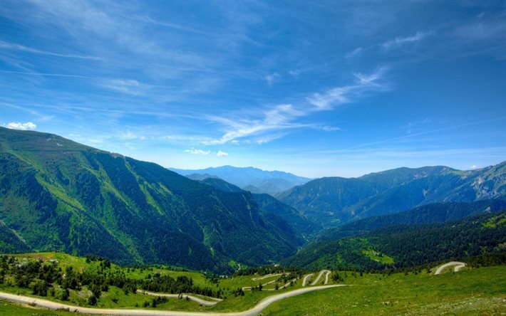 mountains, road, summer, green trees, forest, serpentines