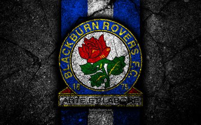 4k, Blackburn FC, logo, EFL Championship, black stone, football club, England, Blackburn, soccer, emblem, asphalt texture, FC Blackburn