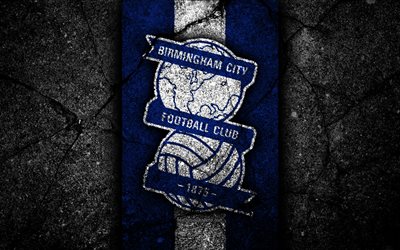 4k, Birmingham City FC, logo, EFL Championship, black stone, football club, England, Birmingham City, soccer, emblem, asphalt texture, FC Birmingham City