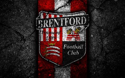 4k, Brentford FC, logo, EFL Championship, black stone, football club, England, Brentford, soccer, emblem, asphalt texture, FC Brentford