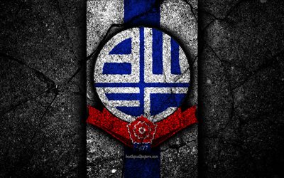 4k, el Bolton FC, logotipo, EFL Campeonato, piedra negra, club de f&#250;tbol de Inglaterra, de Bolton, el f&#250;tbol, el emblema, el asfalto, la textura