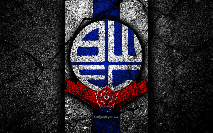4k, Bolton wanderers FC, logo, EFL Campionato, pietra nera, football club, in Inghilterra, Bolton, calcio, emblema, asfalto texture, FC Bolton