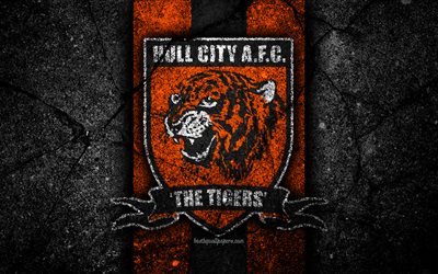 4k, Hull City FC, logo, HAZIRLIK Şampiyonası, siyah taş, Futbol Kul&#252;b&#252;, İngiltere, Hull City, futbol, amblem, asfalt doku, FC Hull City