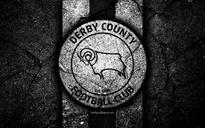 4k, Derby County FC, logo, EFL Championship, black stone, football club, England, Derby County, soccer, emblem, asphalt texture, FC Derby County