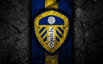 4k, Leeds United FC, logo, EFL-Mestaruuden, musta kivi, football club, Englanti, Leeds United, jalkapallo, tunnus, asfaltti rakenne