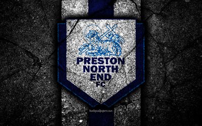4k, Preston North End FC, logo, EFL Championship, black stone, football club, England, Preston North End, soccer, emblem, asphalt texture, FC Preston North End