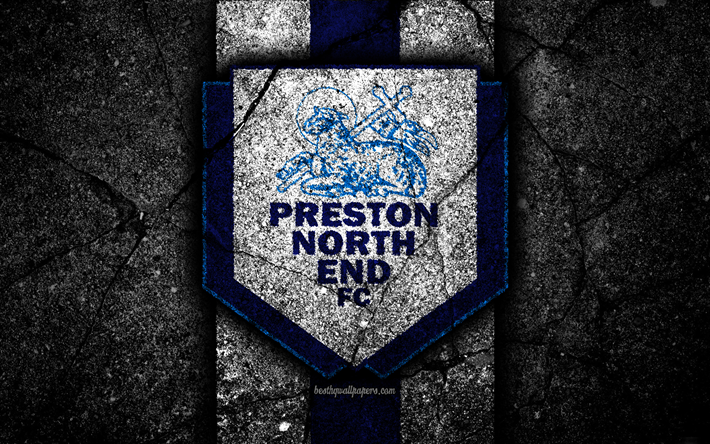 4k, Preston North End FC, logotyp, EFL Championship, svart sten, football club, England, Preston North End, fotboll, emblem, asfalt konsistens