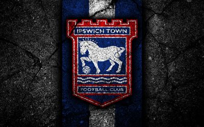 4k, Ipswich Town FC, logo, EFL-Mestaruuden, musta kivi, football club, Englanti, Ipswich Town, jalkapallo, tunnus, asfaltti rakenne, FC Ipswich Town