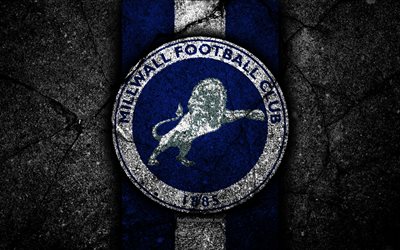 4k, Millwall FC, logo, EFL-Mestaruuden, musta kivi, football club, Englanti, Millwall, jalkapallo, tunnus, asfaltti rakenne