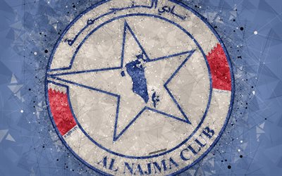 Al-نجمة النادي, 4k, البحرين لكرة القدم, الهندسية الفنية, شعار, خلفية زرقاء, المنامة, البحرين, كرة القدم, البحرينية الدوري الممتاز, الفنون الإبداعية