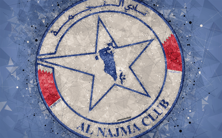 Al-Najma Club, 4k, Bahrain football club, geometriska art, logotyp, bl&#229; bakgrund, emblem, Manama, Bahrain, fotboll, Bahrainska Premier League, kreativ konst