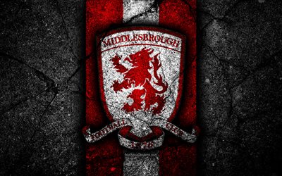 4k, Middlesbrough FC, logo, EFL Championship, black stone, football club, England, Middlesbrough, soccer, emblem, asphalt texture, FC Middlesbrough