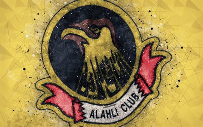 Al-Ahli Club, 4k, Bahrein futebol clube, arte geom&#233;trica, logo, fundo amarelo, emblema, Manama, Bahrein, futebol, Bahraini Premier League, arte criativa