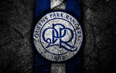 4k, Queens Park Rangers FC, logotipo, EFL Campeonato, piedra negra, club de f&#250;tbol de Inglaterra, Queens Park Rangers, el f&#250;tbol, el emblema, el asfalto, la textura, el Queens Park Rangers FC