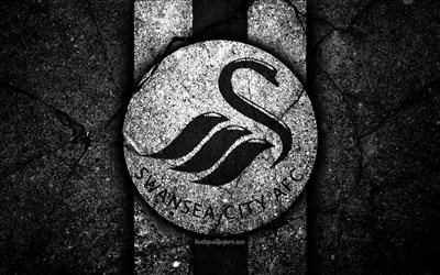 4k, Swansea FC, logo, HAZIRLIK Şampiyonası, siyah taş, Futbol Kul&#252;b&#252;, İngiltere, Swansea, futbol, amblem, asfalt doku, FC Swansea
