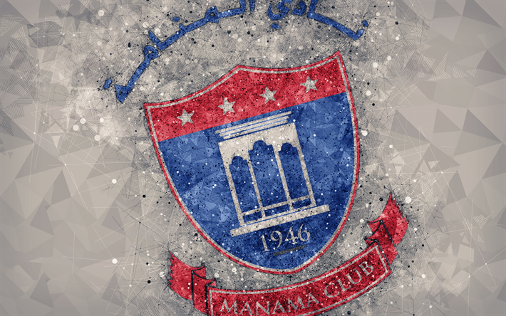 Manama Club, 4k, Bahrain football club, geometric art, logo, gray background, emblem, Manama, Bahrainwhic, Bahrain, football, Bahraini Premier League, creative art