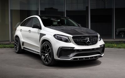 Mercedes-Benz GLE63 AMG Coup&#233;, 2018, 4k, tuning GLE63, blanc VUS de luxe, GLE de classe, le Noir en fibre de carbone capot, le sport SUV Mercedes