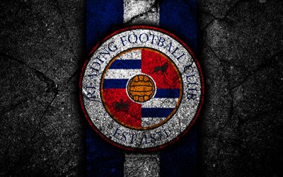4k, Reading FC, logo, EFL Championship, black stone, football club, England, Reading, soccer, emblem, asphalt texture, FC Reading