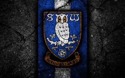 4k, Sheffield Wednesday FC, logo, EFL Championship, black stone, football club, England, Sheffield Wednesday, soccer, emblem, asphalt texture, FC Sheffield Wednesday