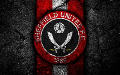 4k, Sheffield United FC, logotyp, EFL Championship, svart sten, football club, England, Sheffield United, fotboll, emblem, asfalt konsistens, FC-Sheffield United