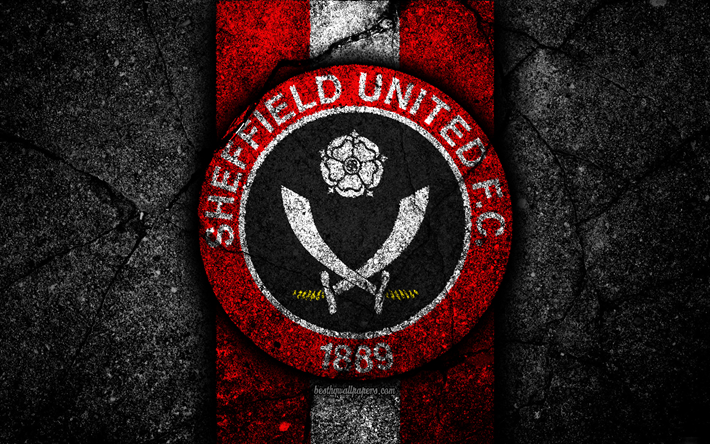 4k, Sheffield United FC, logo, EFL Championship, black stone, football club, England, Sheffield United, soccer, emblem, asphalt texture, FC Sheffield United