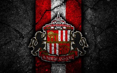 4k, Sunderland FC, logo, EFL Championship, black stone, football club, England, Sunderland, soccer, emblem, asphalt texture, FC Sunderland
