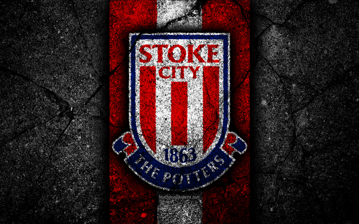 4k, Stoke City FC, logo, HAZIRLIK Şampiyonası, siyah taş, Futbol Kul&#252;b&#252;, İngiltere, Stoke City, futbol, amblem, asfalt doku, FC Stoke City