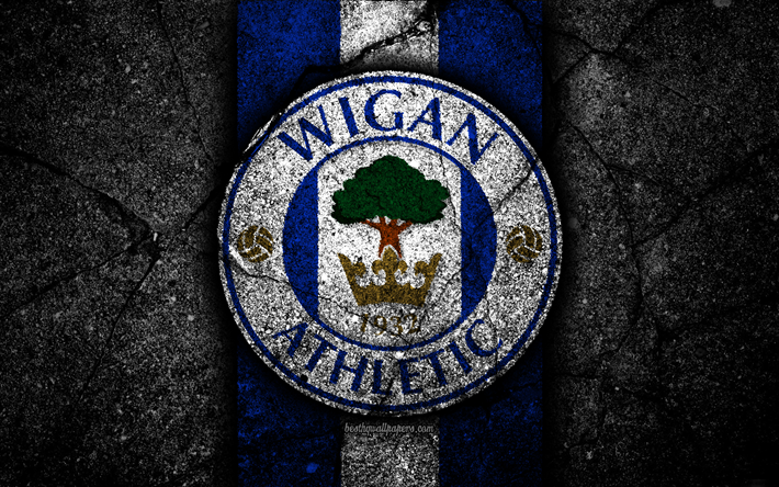 4k, Wigan FC, logo, EFL Championship, black stone, football club, England, Wigan, soccer, emblem, asphalt texture, FC Wigan