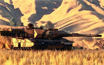 Leopard-2A7, Alem&#227;o tanque de guerra, modernos ve&#237;culos blindados, deserto, amarelo camuflagem, Leopard 2, noite, p&#244;r do sol