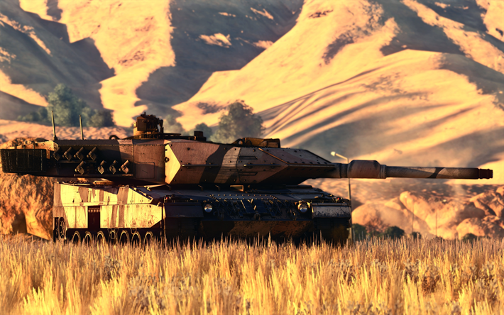 Leopard 2A7, German battle tank, modern armored vehicles, desert, yellow camouflage, Leopard 2, evening, sunset
