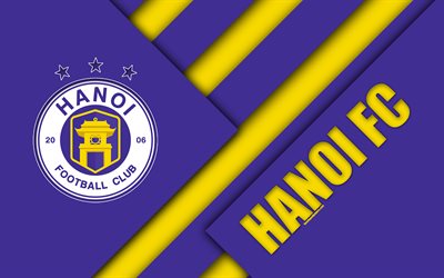 Ha Noi FC, 4k, material design, logo, purple yellow abstraction, Vietnamese football club, V-League 1, Hanoi, Vietnam, football