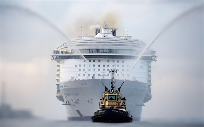 A harmonia dos Mares, porta, navio de cruzeiro, rebocador, Svitzer Alma, A Royal Caribbean Cruises