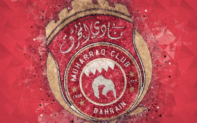 Al-Muharraq SC, 4k, Bahrain football club, geometriska art, logotyp, r&#246;d bakgrund, emblem, Muharraq, Bahrain, fotboll, Bahrainska Premier League, kreativ konst