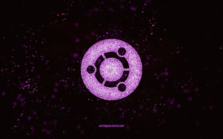 Ubuntu glitter logo, 4k, musta tausta, Ubuntu logo, violetti glitter taide, Ubuntu, luova taide, Ubuntu violetti glitter logo