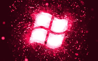 Windowsピンクのロゴ, 4k, ピンクのネオンライト, creative クリエイティブ, ピンクの抽象的な背景, Windowsロゴ, OS, Windows
