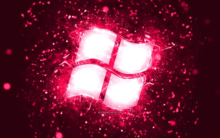 Logotipo rosa de Windows, 4k, luces de ne&#243;n rosas, creativo, fondo abstracto rosa, logotipo de Windows, sistema operativo, Windows