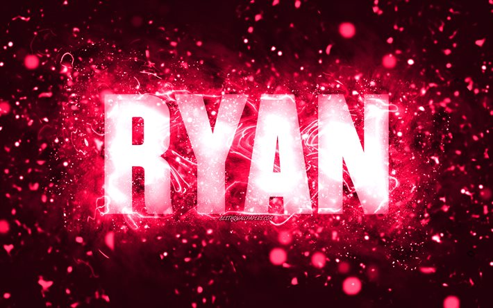 Joyeux anniversaire Ryan, 4k, n&#233;ons roses, nom Ryan, cr&#233;atif, Ryan Joyeux anniversaire, Ryan Anniversaire, noms f&#233;minins am&#233;ricains populaires, photo avec nom Ryan, Ryan
